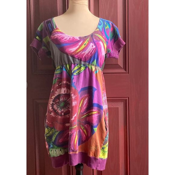 Desigual Bubble Dress XS? Pink Floral Empire Waist Embroidery Rainbow Arts Paint - Picture 1 of 9